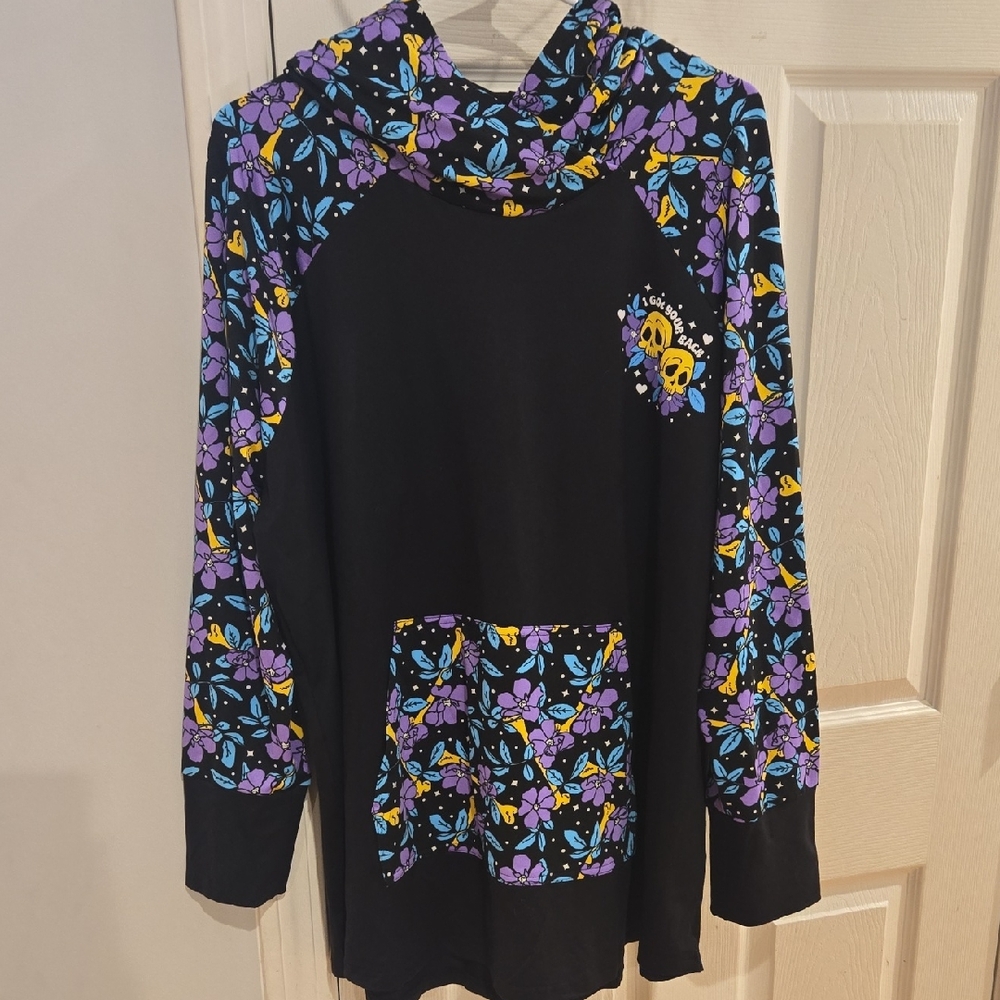 LuLaRoe Black Sweatshirt with Purple and Yellow Floral Design